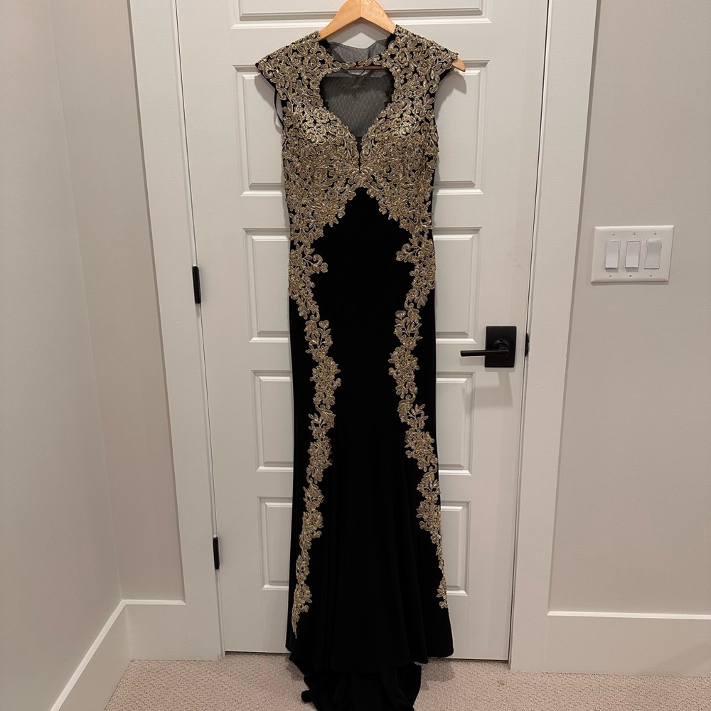 Betsy & Adam: Black & Gold Long Formal Dress